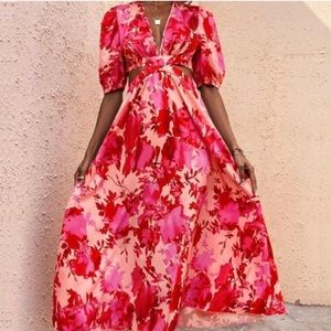 Allover Floral Print Cut Out Puff Sleeve Dress (L)
